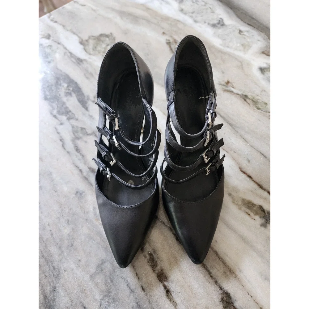 Michael‎ Kors Black Leather Cage Buckle Strappy Pointed Toe Pumps Heels Size 8M